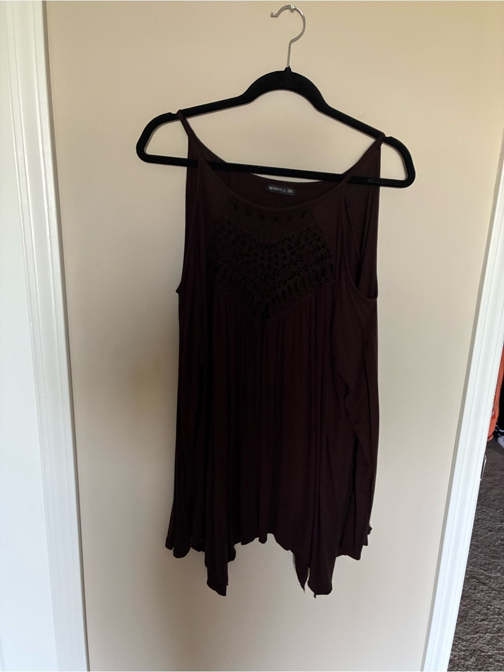 MiHoll  Dark Brown Crochet Yoke Long Sleeve Tank